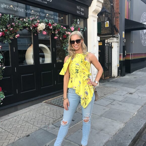 Self Portrait Size 6 Yellow Floral Printed Asymmetric Ruffled Top - Picture 6 of 6